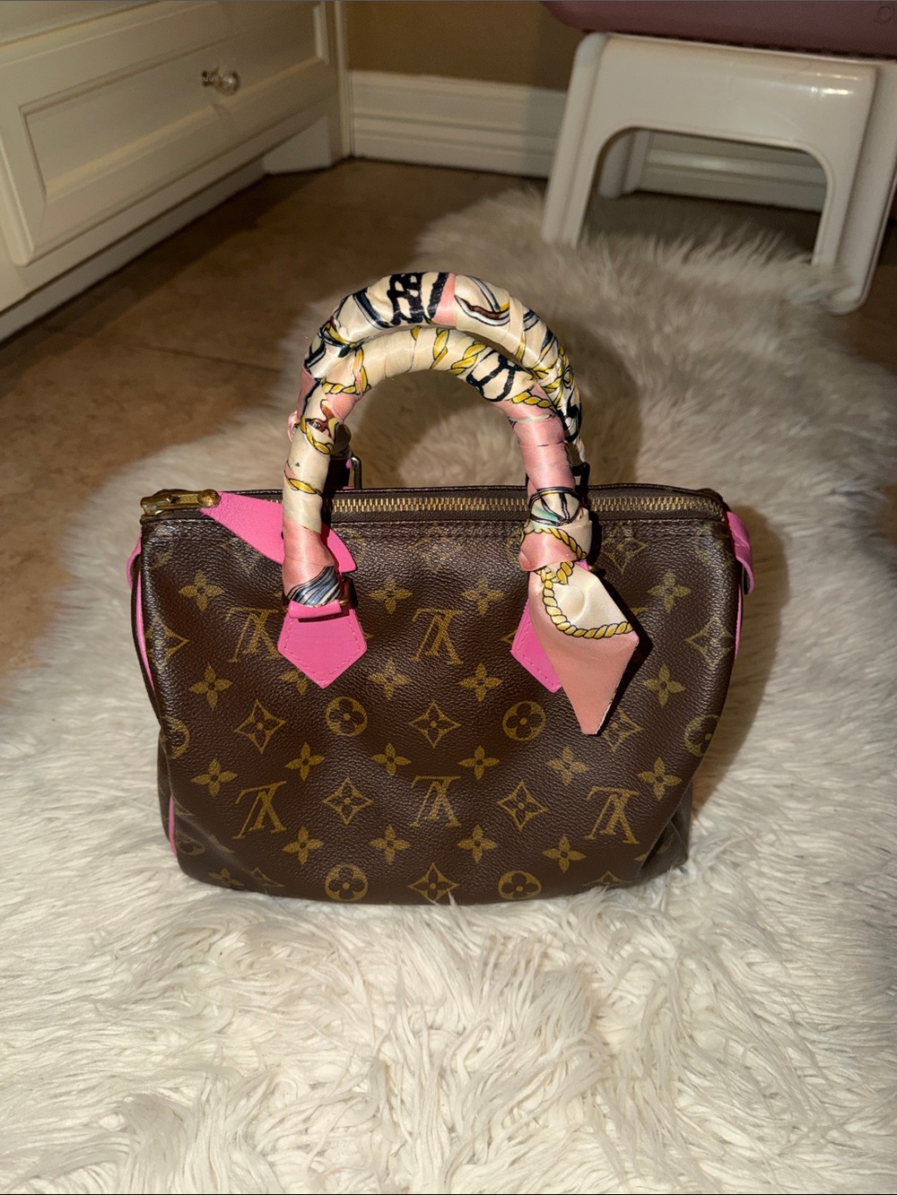 Louis Vuitton Brown Monogram Speedy Bag with Pink Trim and Scarf-Wrapped Handles